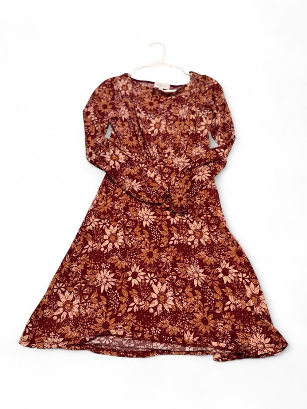 Gilli sz sm Floral Long Sleeve Fit-and-Flare Dress - Burgundy